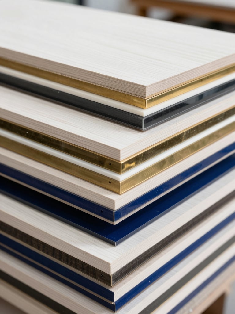 Stacked premium architectural materials including white oak panels, brass sheets, and dark acrylics in a brightly lit, clean Florida workshop, side angle, 35mm