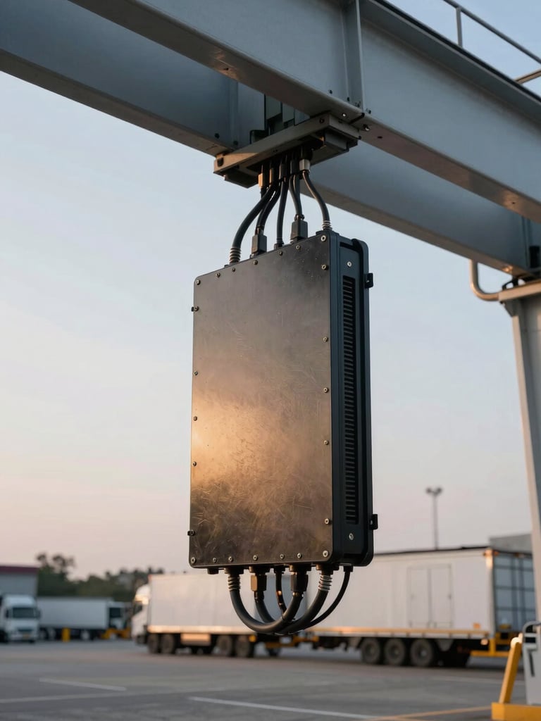 Close-up of ruggedized sensor hardware installed on a logistics yard gantry, late afternoon flood lighting, power and data cables routed along the structure, concrete yard surface and parked trailers visible below
