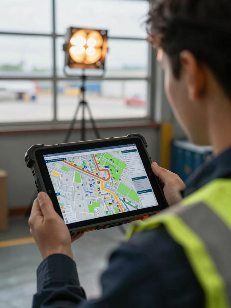Over-the-shoulder view of a logistics supervisor reading a live yard map on a ruggedised tablet, dock bay numbers visible on screen, amber floodlighting through a warehouse window behind them, no posed expressions, documentary framing