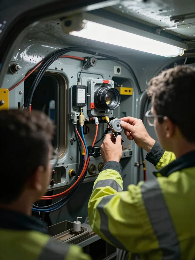 Over-the-shoulder view of a technician in high-visibility gear connecting sensor cabling inside a mine vehicle's service bay under harsh fluorescent workshop lighting, tools and cable runs visible, working mine site context