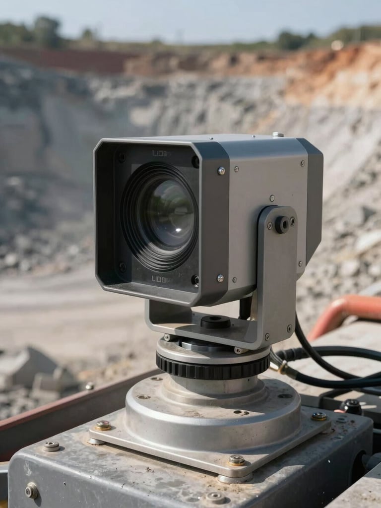 Close-up of a LiDAR sensor unit mounted on heavy industrial equipment at a mining site, natural daylight, dust-hazed air visible around the hardware, cables and mounting bracket in sharp focus, site terrain visible in background