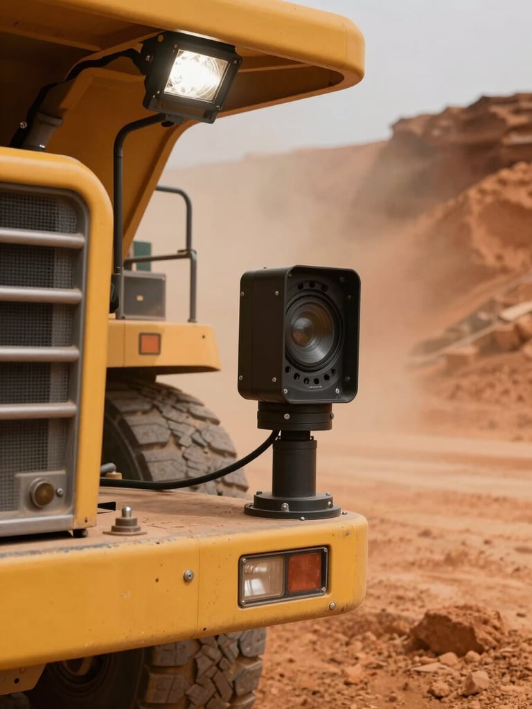 Close-up of a LiDAR sensor unit bolted to the side of a haul truck on a working mine site, dusty orange earth visible behind it, practical flood lighting from the site overhead, no people, hardware in-situ