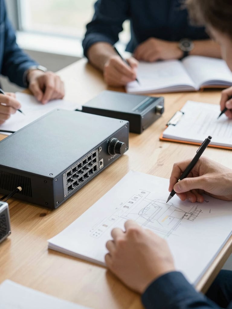 Close-up of hands-on-tech planning session, sharp details of network equipment and sketchbooks on a wooden table, warm natural light, 35mm