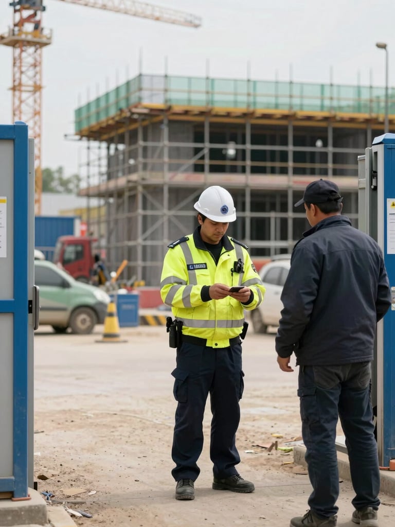 Wide shot: a site security guard in high-visibility jacket and hard hat standing at a construction site entrance gate, checking credentials of a worker arriving, busy site with scaffolding visible behind, bright overcast daylight, realistic site dust and equipment