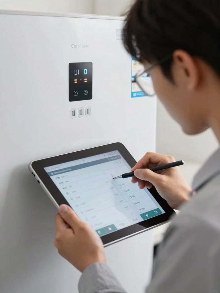 Close-up of a certified technician using a digital tablet to run diagnostics on a modern refrigerator control panel, bright clean lighting.