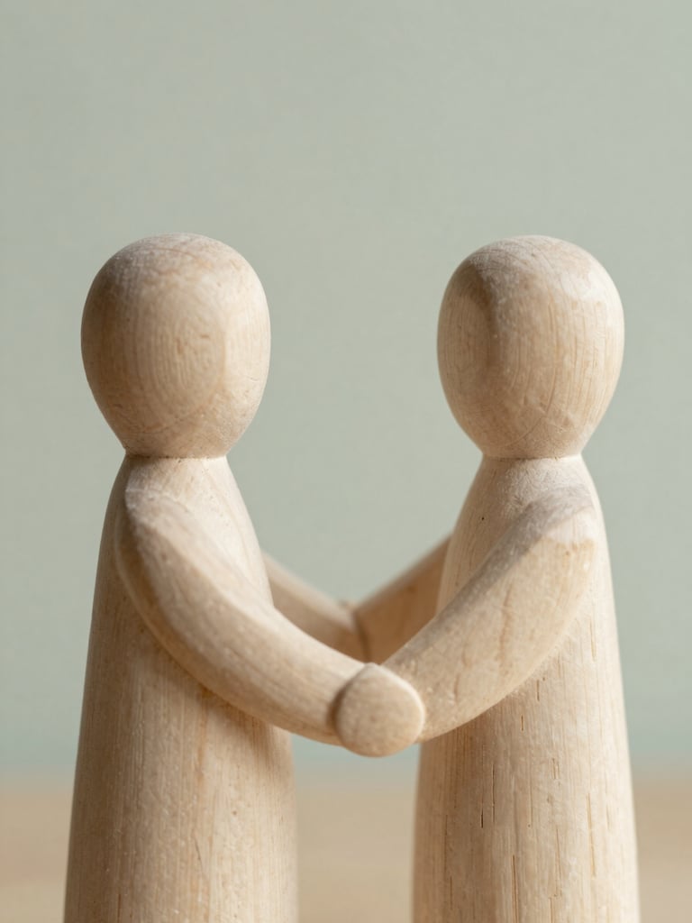 Minimalist macro photography of a hand-carved wooden abstract sculpture representing human connection, soft natural daylight, warm ivory and muted sage tones, shallow depth of field