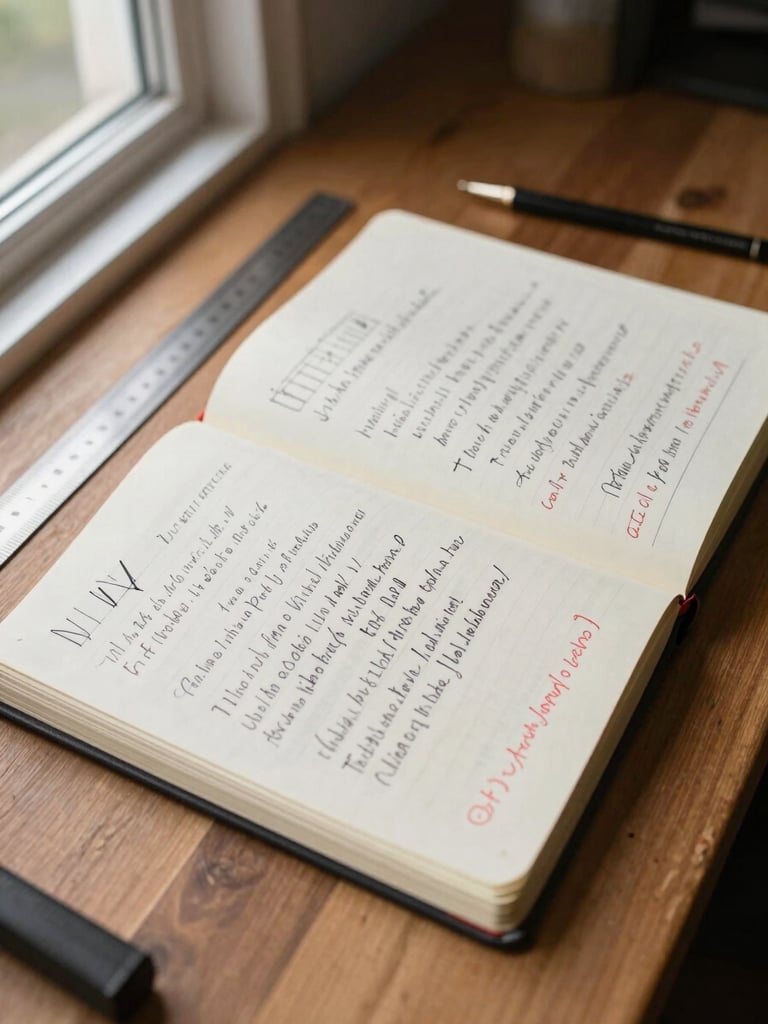 Wide overhead flat-lay on a wooden desk: open journal proof sheets with hand-marked corrections in pencil and red ink, a ruler across the margin, soft north-facing window light from the left, no people visible