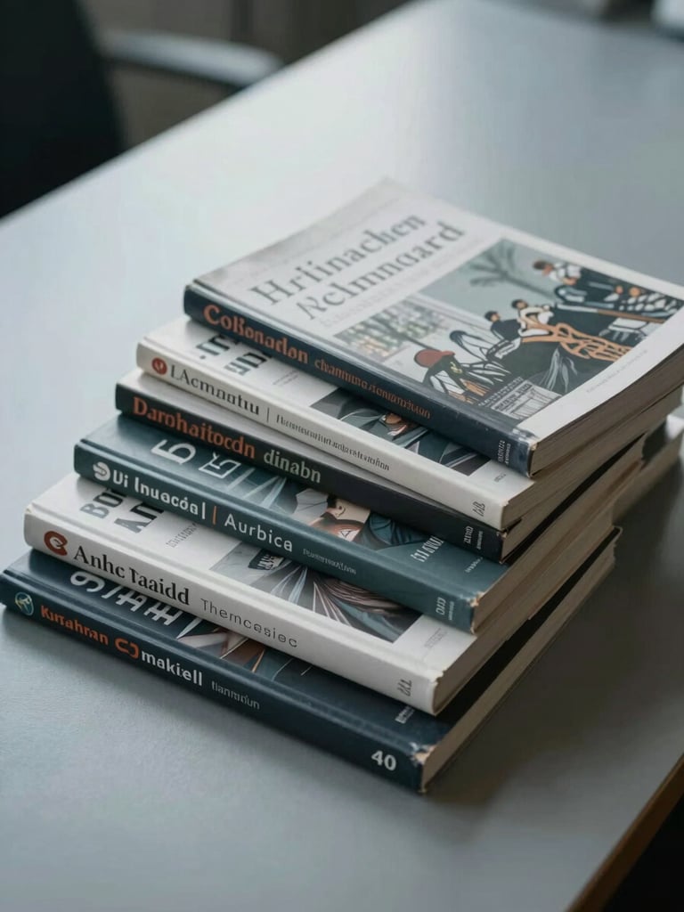 Overhead flat-lay of several bound academic journals stacked on a library table in overcast north-facing light, spines facing up showing subject labels, no people, cool grey ambient light