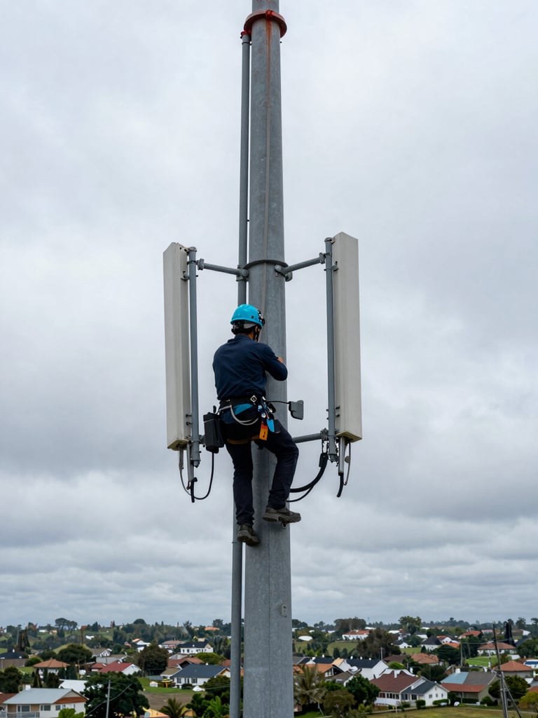 Wide environmental shot from below looking up at a telecommunications tower, technician in Tiffany Blue hard hat secured on a crossbar mid-climb, overcast sky filling the upper frame, fiber conduit runs visible along the tower leg, suburban landscape visible at the base showing geographic scale