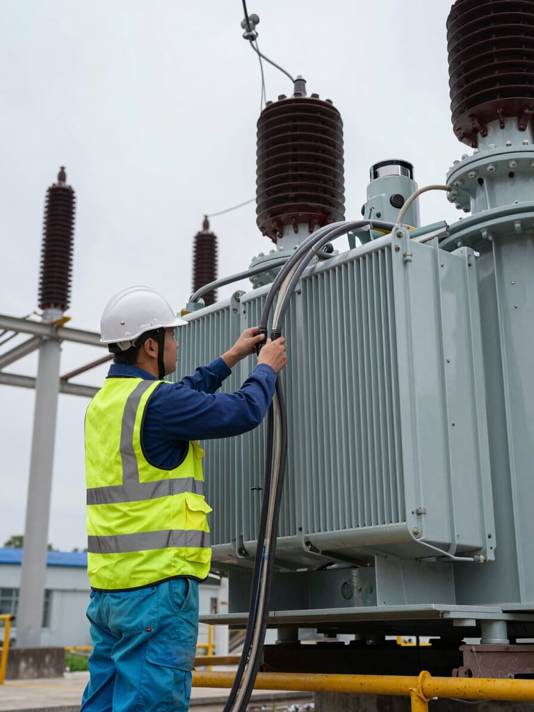 Wide industrial site, technician in high-visibility vest connecting heavy-gauge cables at a power transformer installation, overcast daylight, steel gray equipment filling the right frame, Tiffany Blue safety gear as color accent, low angle showing the scale of the transformer unit