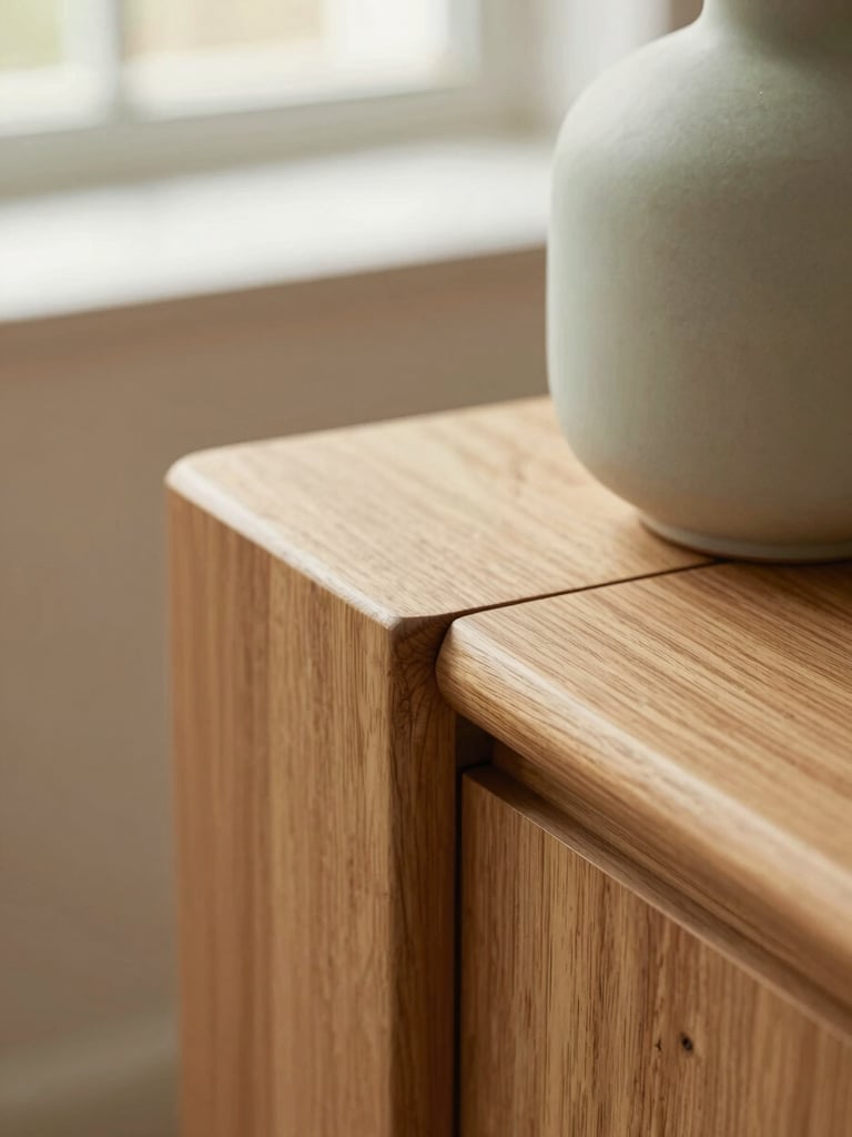 Macro close-up of a solid oak wood furniture joint, smooth matte ceramic vase nearby, soft shadows from a window, warm editorial photography