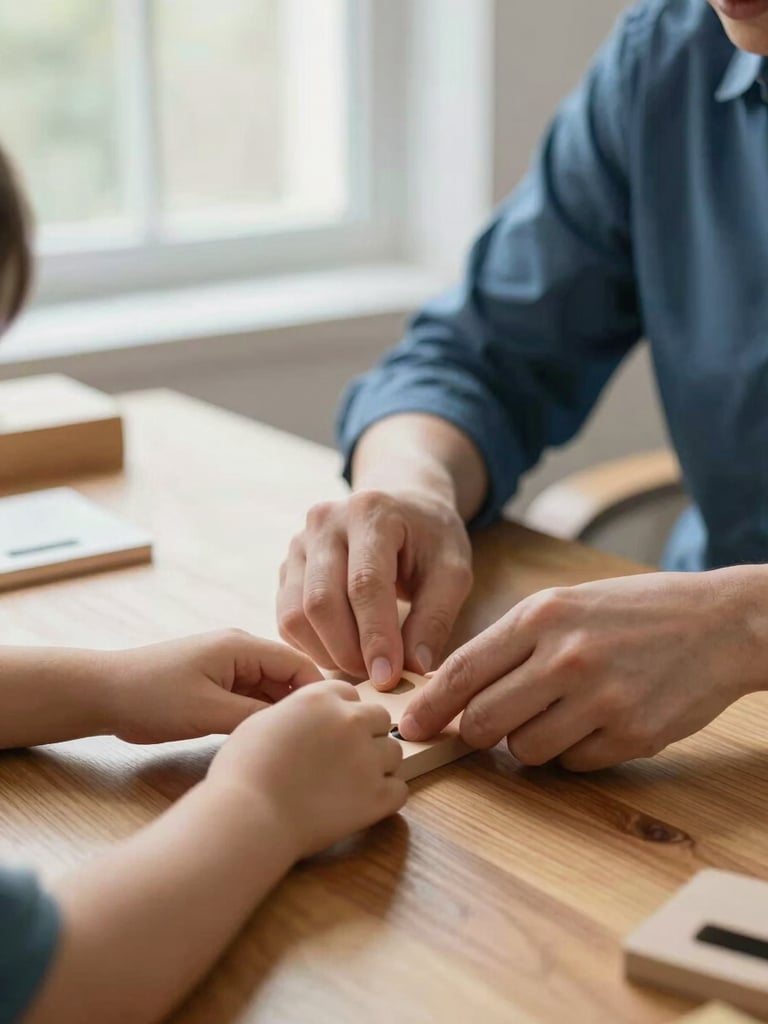 Close framing of a therapist's hands guiding a young child's hands through a sorting activity on a wooden table, soft north-facing window light, warm tones, genuine focus on the task — no posed smiles