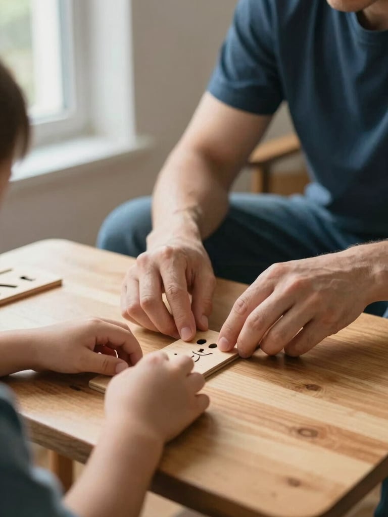 Close view of a therapist's hands guiding a child's hands through a sorting activity on a low wooden table, soft north-facing daylight streaming from a window to the left, warm tones, genuine focus on the task rather than the camera