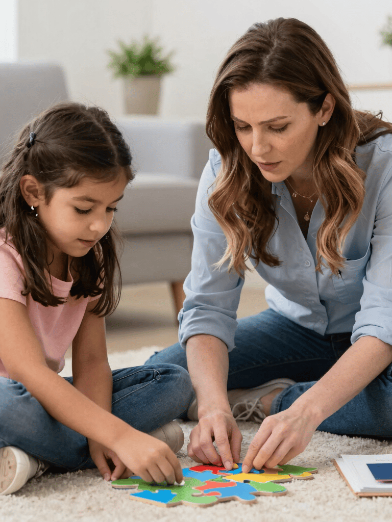 Close environmental shot inside a Tri-Cities home, a therapist seated at floor level beside a young child working on a simple puzzle, soft afternoon light through a window to the left, warm wood flooring, unhurried and genuine moment