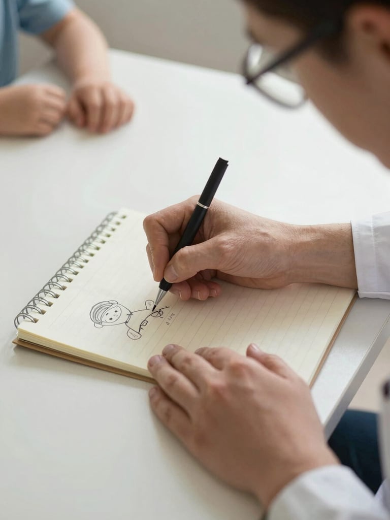 Close detail of a clinician's hands writing on a notepad beside a child's drawing on a table, soft diffused daylight, warm paper tones, unhurried and focused