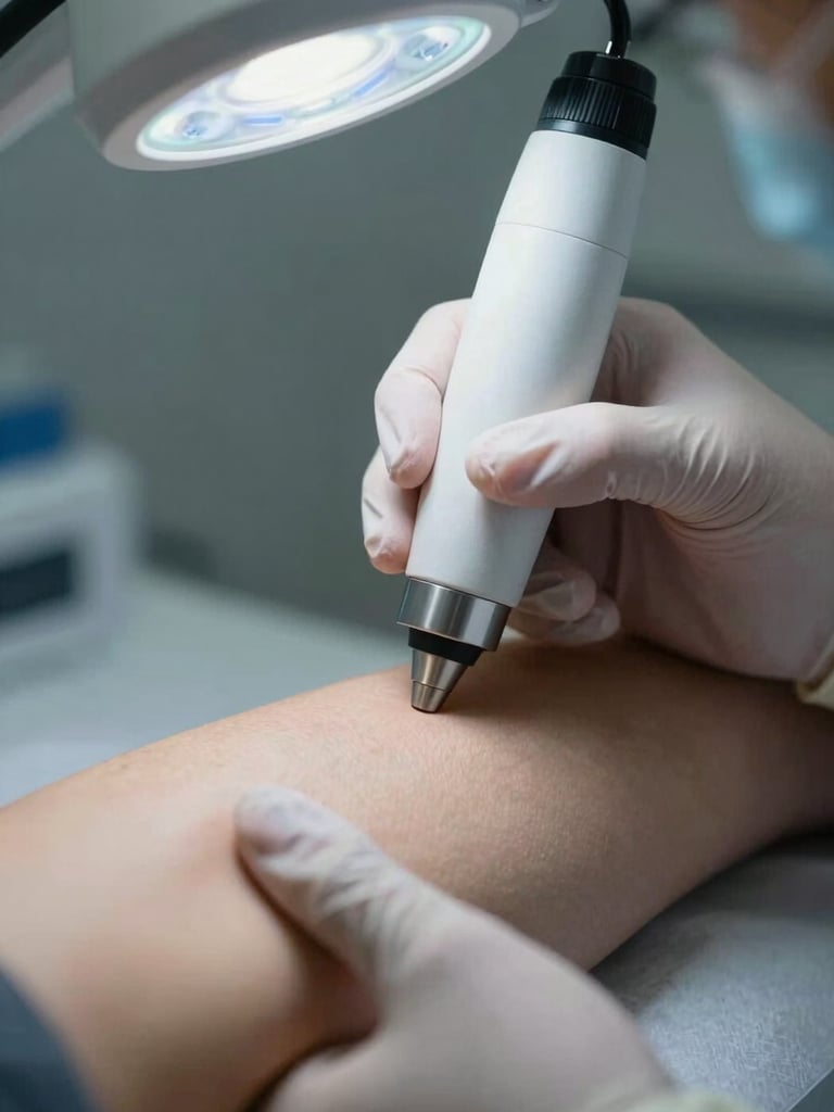 Close-up of gloved hands using a dermoscopy instrument on a patient's forearm under cool clinical LED lighting, precise focus on the instrument tip against skin