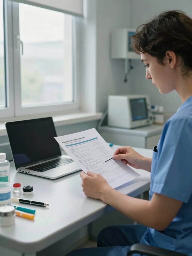 Wide shot of a clinical workstation, practitioner in scrubs reviewing a printed protocol document under cool north-facing daylight, medical instruments and a laptop arranged on the desk, institutional setting