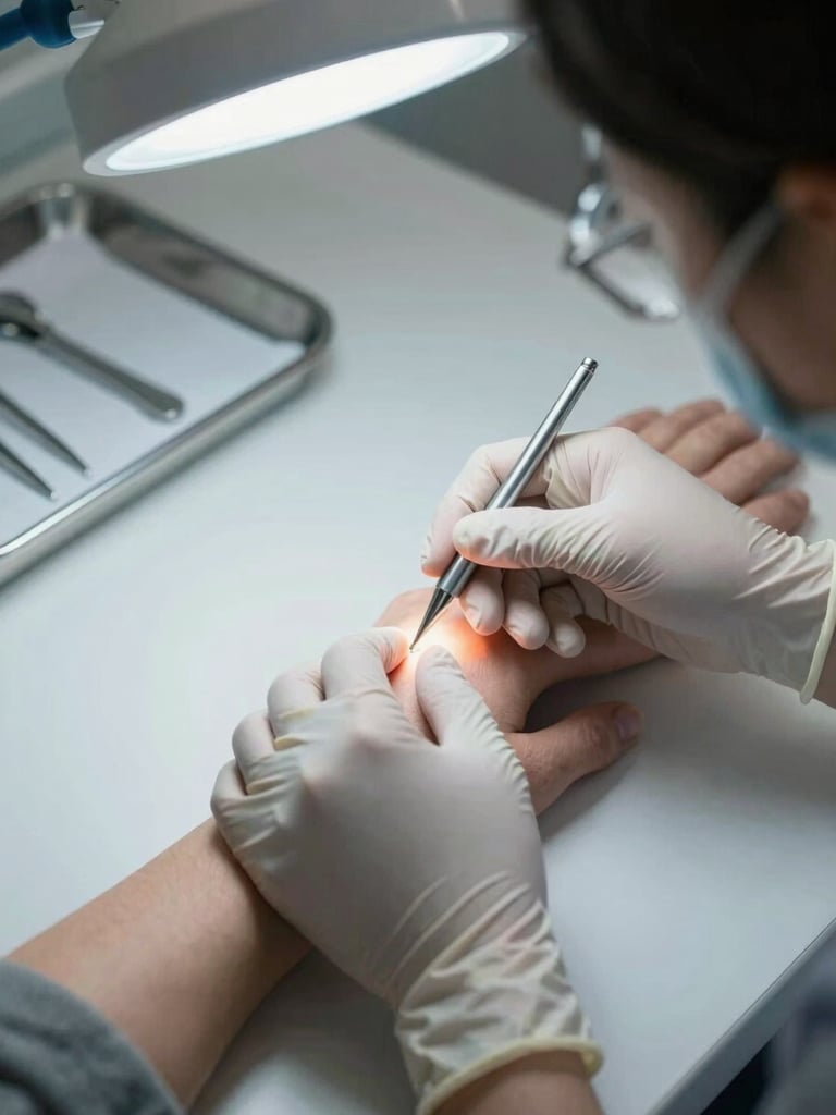 Close-up overhead shot of a gloved practitioner's hands examining a patient's skin under cool clinical LED lighting, sterile tray with instruments visible at frame edge, clean white clinical surface