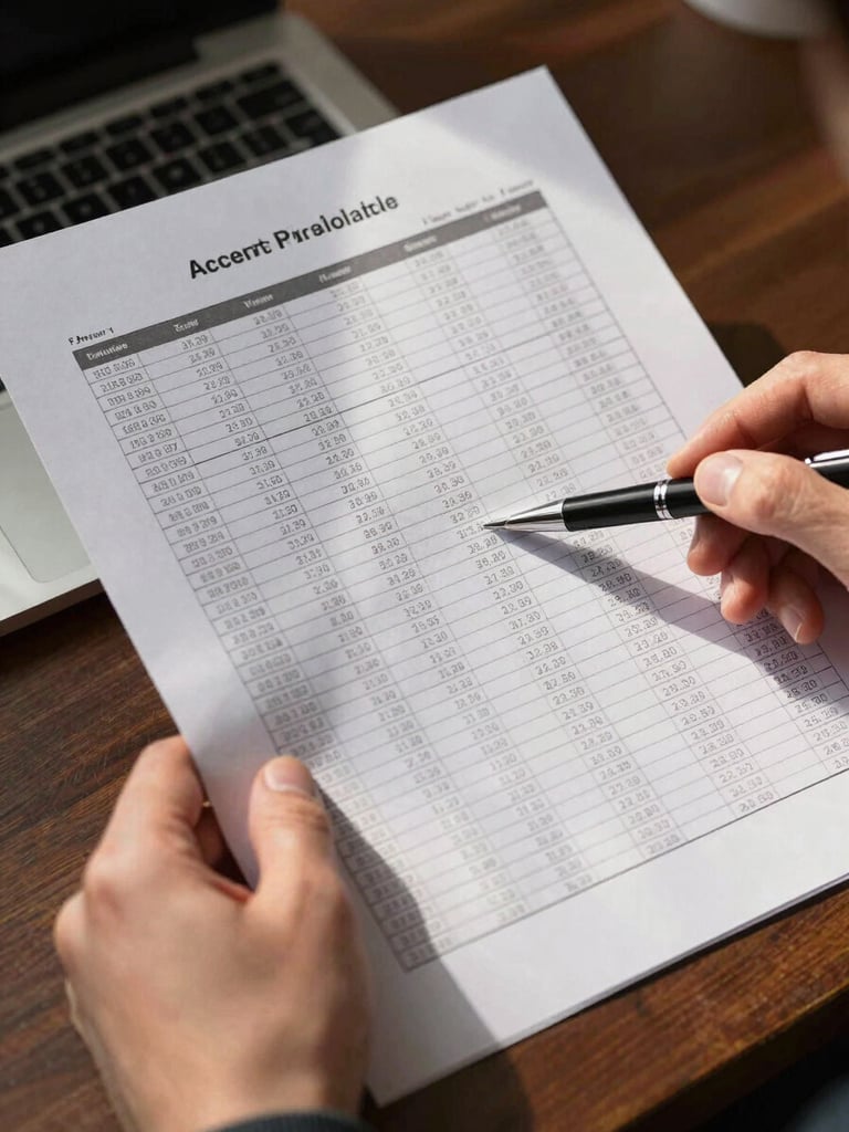 Close-up of hands holding a printed accounts receivable aging report on a desk, pen resting on the page, natural window light casting soft parallel shadows across columns of numbers