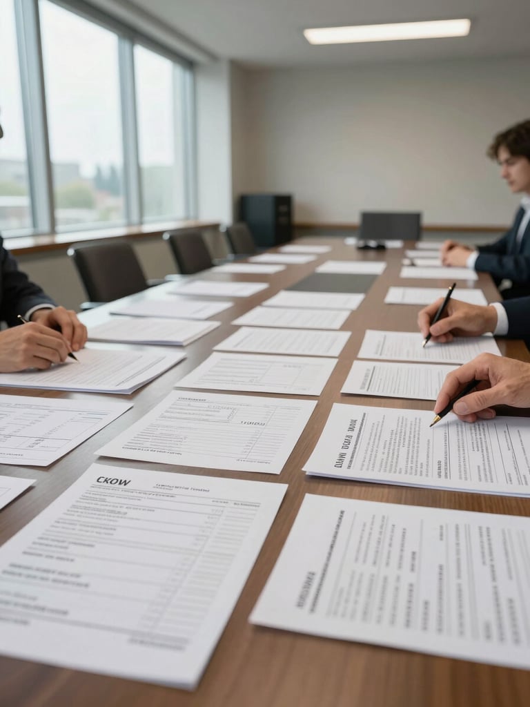 Wide-angle view of a conference table covered in printed invoices, spreadsheets, and handwritten notes, natural daylight from tall windows to the left, hands resting on documents mid-review, clean overhead task lighting, editorial framing