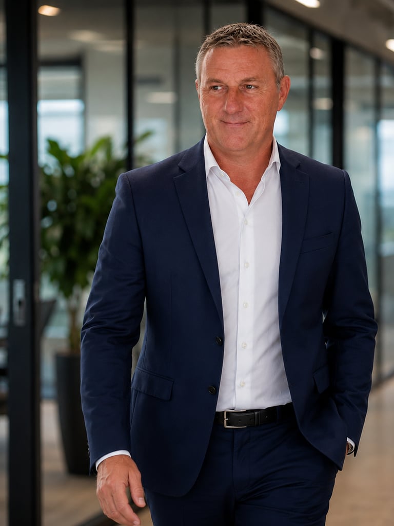 A confident male professional in a navy blue suit walking through a modern corporate office.
