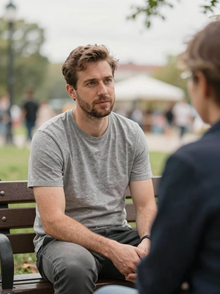 A candid medium portrait of David Radziej sitting on a park bench, listening intently to a resident, warm overcast daylight, soft organic tones, genuine community setting.