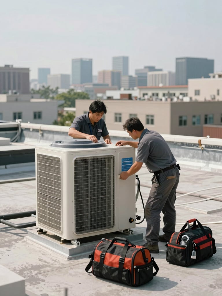 Wide environmental shot of an HVAC crew installing a rooftop condenser unit on a commercial flat roof, tool bags and equipment visible in foreground, natural daylight overhead, industrial rooftop context with city skyline blurred in background