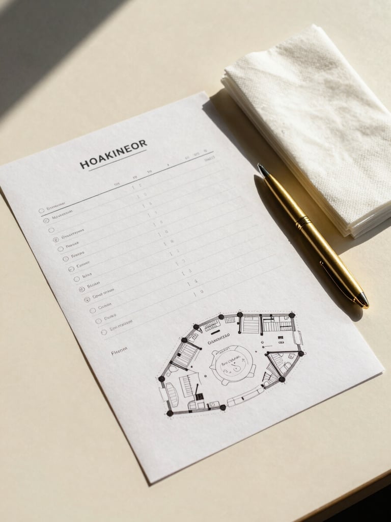 Close overhead shot of a catering service plan laid out on a cream surface — printed timeline sheets, venue floor sketch, and a gold pen beside stacked white napkins, warm side lighting casting soft shadows