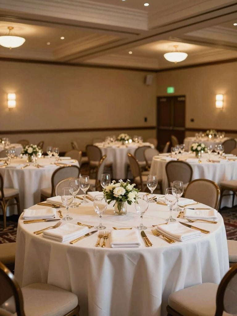 Wide shot of a fully set banquet table in a Dallas event hall, warm amber venue lighting, white linens, gold flatware and glassware arranged precisely, centerpieces in place, no guests present — room ready for service