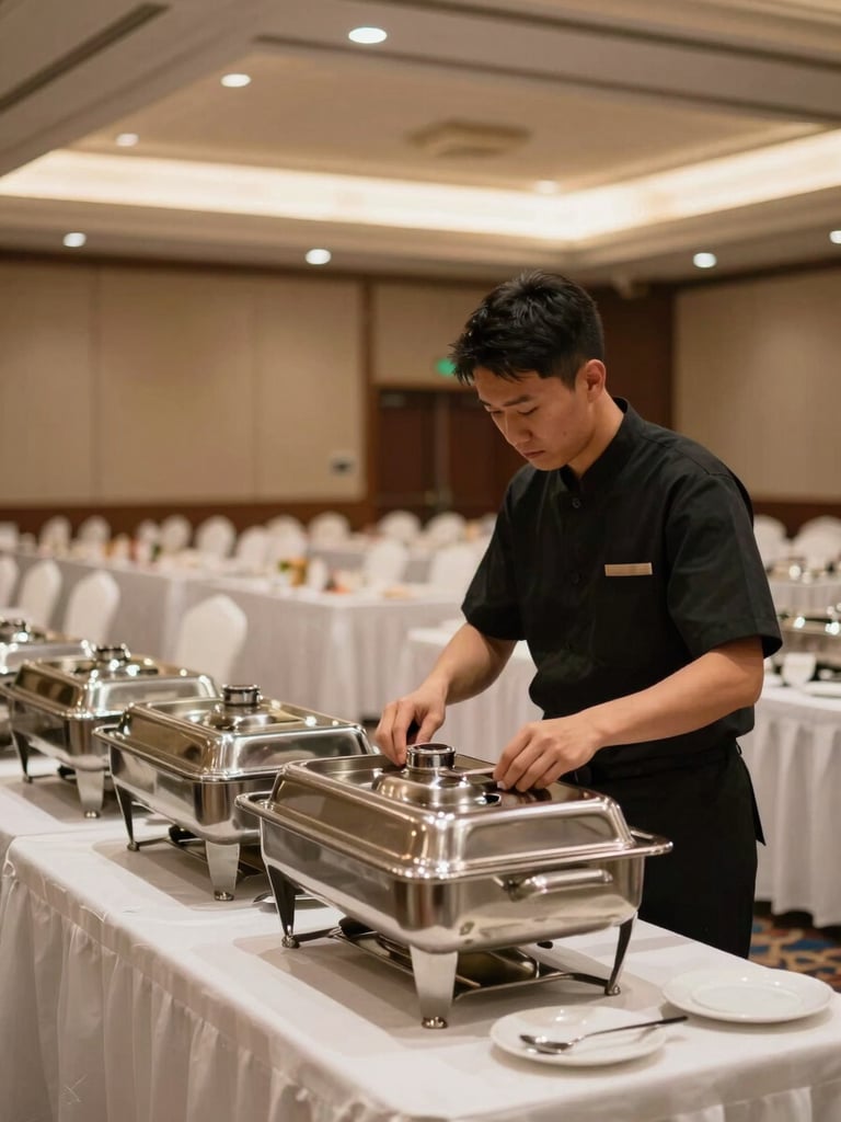 Wide shot of a catering staff member in uniform arranging chafing dishes on a service table in an empty event hall, warm overhead venue lighting, focused and composed
