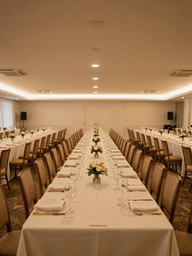 Wide straight-on view of a fully set banquet hall before guests arrive — long tables dressed in cream linen, gold flatware aligned, stemware in rows, warm venue lighting casting even amber tones across the room, low horizon, generous negative space above