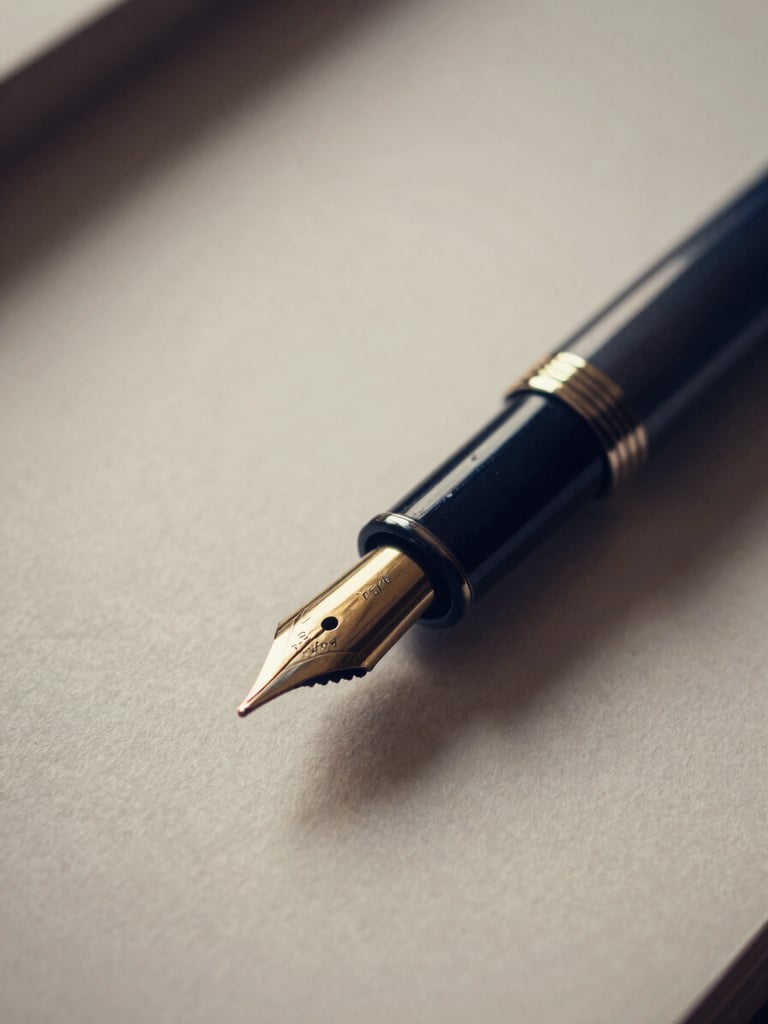 Close-up of a fountain pen on heavy textured paper, sunlit, shallow depth of field, deep navy and muted gold tones, 35mm