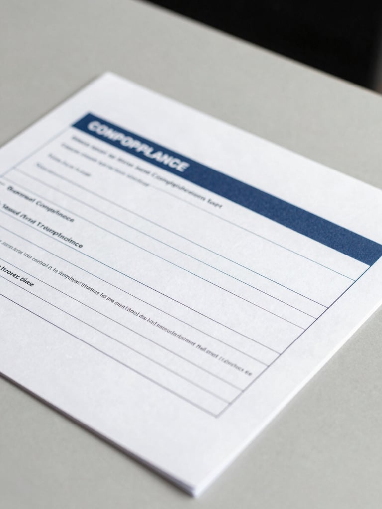Macro detail of structured compliance documents on a clean slate gray desk, bright neutral daylight, sharp shadows, 35mm