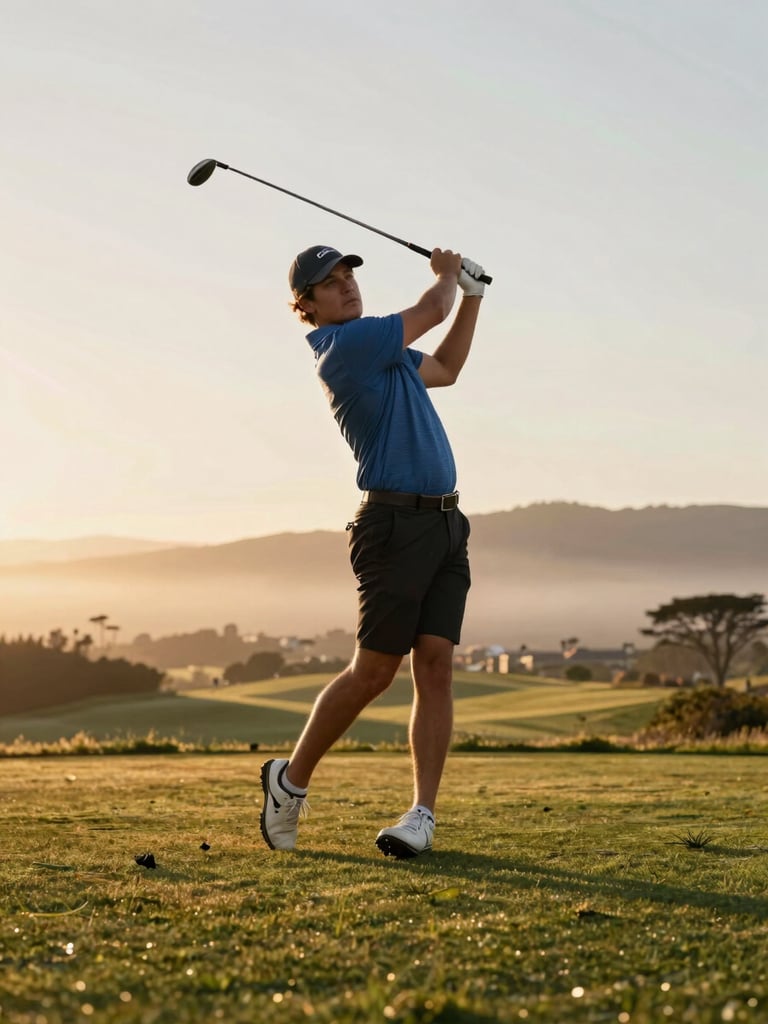 Low-angle action shot of a golfer's swing at golden hour on a Bay Area course, coastal fog creeping over the distant golden hills.