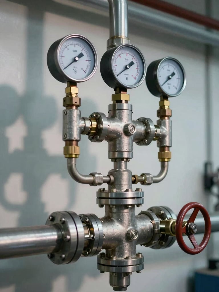 Tight close-up of a pressurization unit manifold, shot from slightly below right — stainless steel pipes, pressure gauges with needle at operating range, valve handles in sharp focus. Cool studio lighting from the left casts precise shadows on the fittings. Background is a clean industrial wall, out of focus. No people, no text.