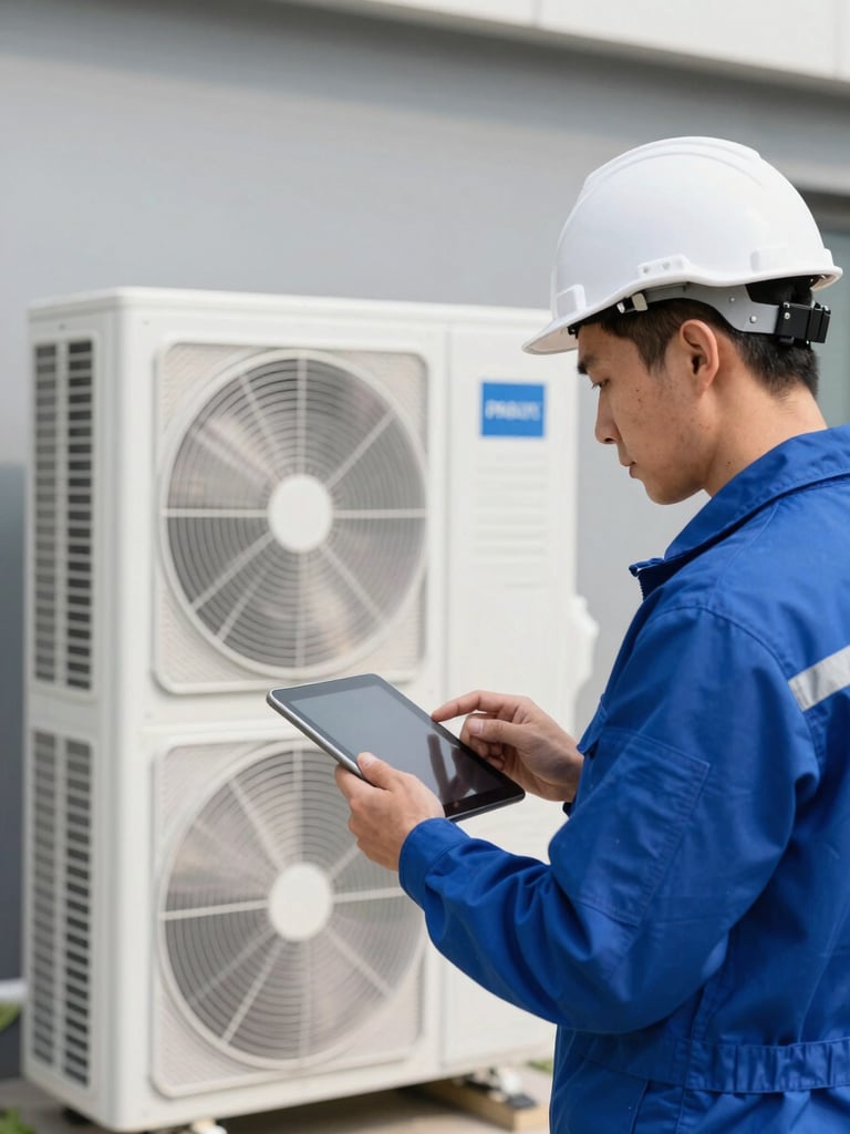 Close-up of a professional thermal engineer in clean safety gear analyzing a modern heat pump installation with a digital tablet, sharp architectural daylight