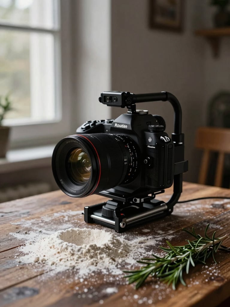 Moody Scandinavian-style portrait of a professional camera rig positioned over a rustic wooden table scattered with flour and fresh rosemary, low-key directional window light.