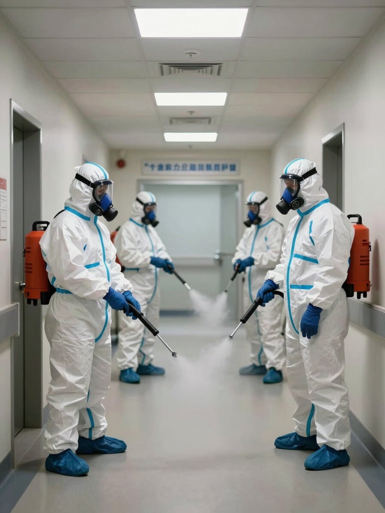 Wide shot of a sanitization crew in full PPE — respirators, Tyvek suits — working inside a clinical corridor, fogging equipment visible, institutional ceiling lights overhead, hospital nameplate on wall in background