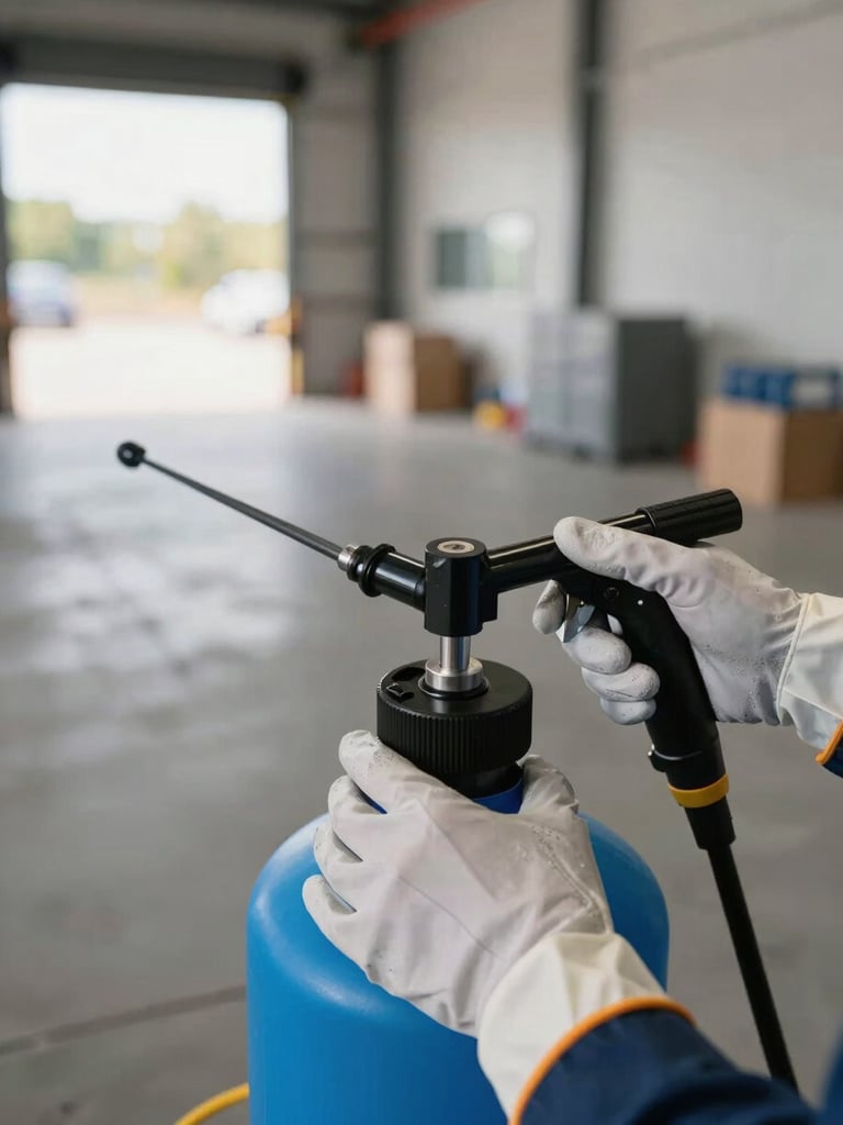 Close-up overhead shot of a pest control technician's hands loading a pressurized sprayer, protective gloves visible, concrete floor of a commercial warehouse in background, natural daylight from loading bay