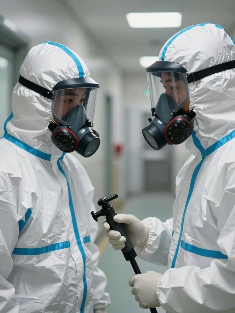 Close-up of two workers in full protective suits and respirators during medical sanitization work inside a facility corridor, ambient work-site lighting, one worker holding a spray lance, protective gear detail visible, neutral institutional environment