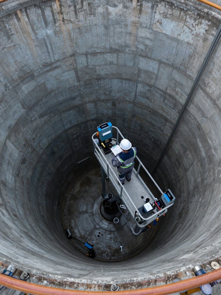 Wide overhead shot of a large water tank interior being inspected by a worker in a hard hat and coveralls, standing on a service platform, industrial ambient lighting, inspection equipment and a documentation clipboard visible, concrete tank walls showing scale