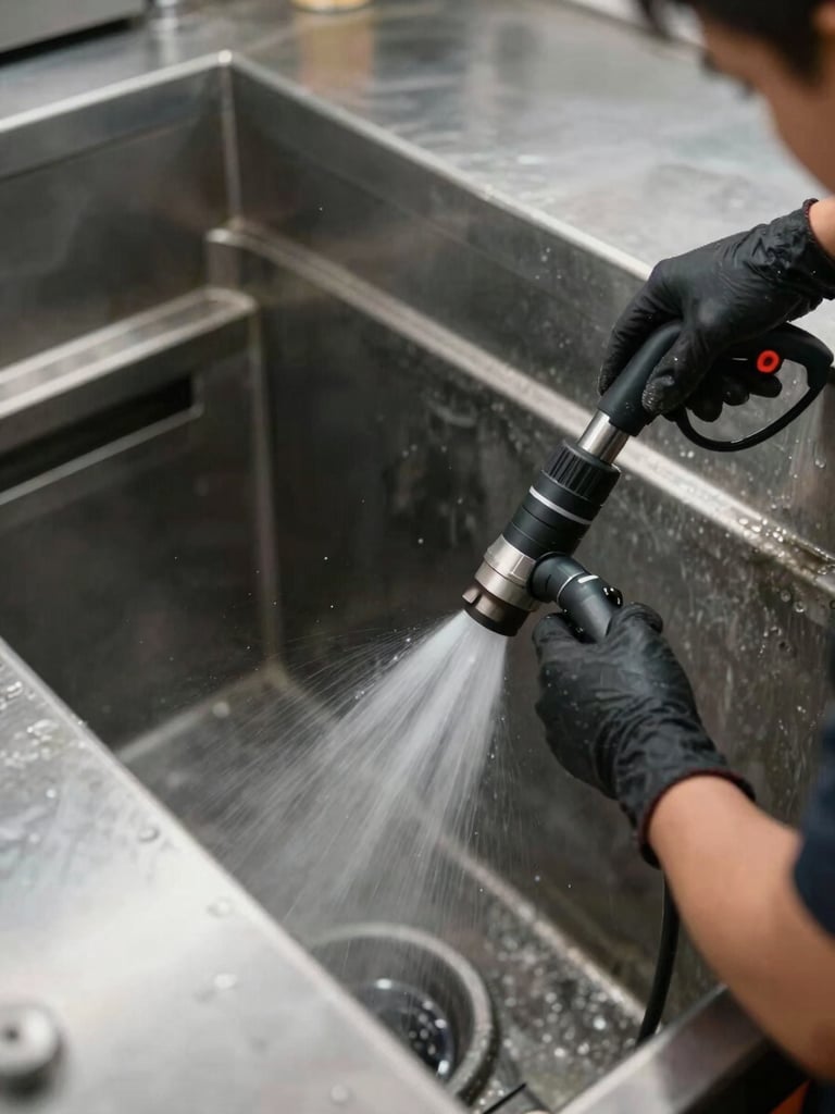 Close-up of a technician's gloved hands operating a high-pressure cleaning lance inside a large commercial kitchen drain channel, work-site ambient light, water spray visible mid-air, stainless steel surfaces
