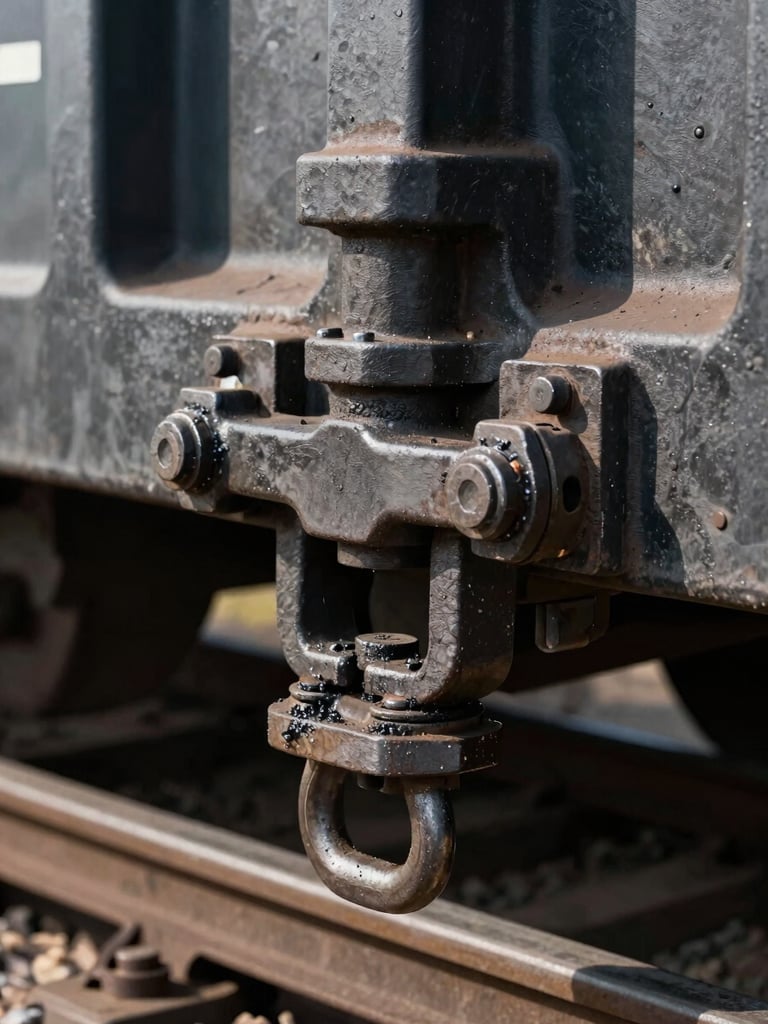 Extreme close-up of freight rail coupling hardware in full daylight, heavy iron knuckle coupler and draw bar in sharp focus, industrial steel geometry, grease and wear marks visible, strong side light casting hard shadows across the mechanical detail