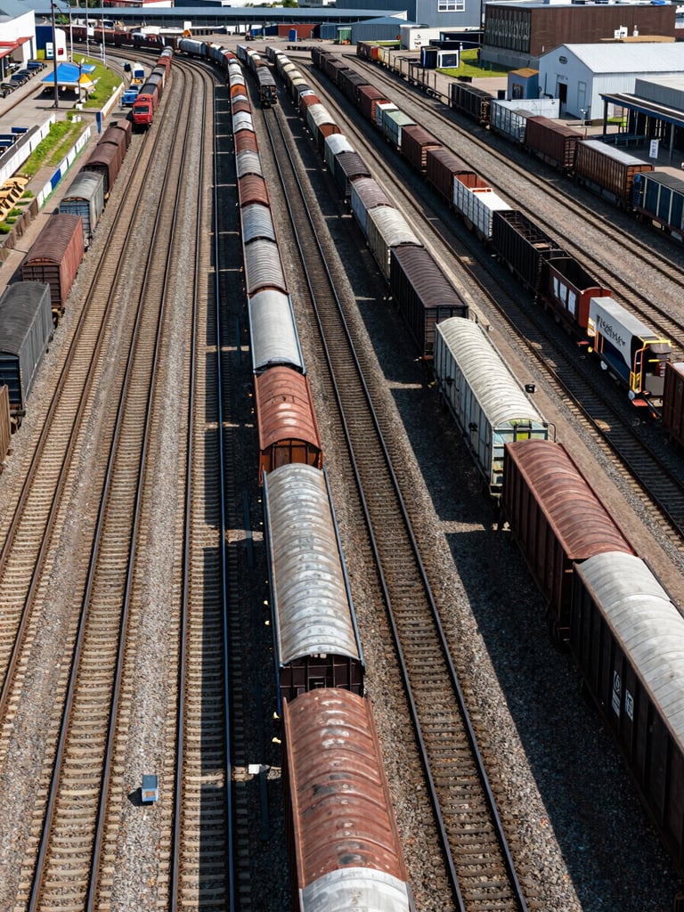 Wide panoramic overhead shot of a busy rail classification yard, multiple parallel tracks converging toward a hump, freight cars in long consists staged under flat industrial daylight, strong geometric rail geometry from above, dense and ordered