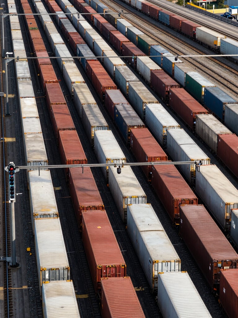 Panoramic overhead view of a freight rail classification yard, rows of intermodal container cars sorted by corridor, track switches and signal gantries visible, full daylight, strong diagonal geometry filling the frame edge to edge