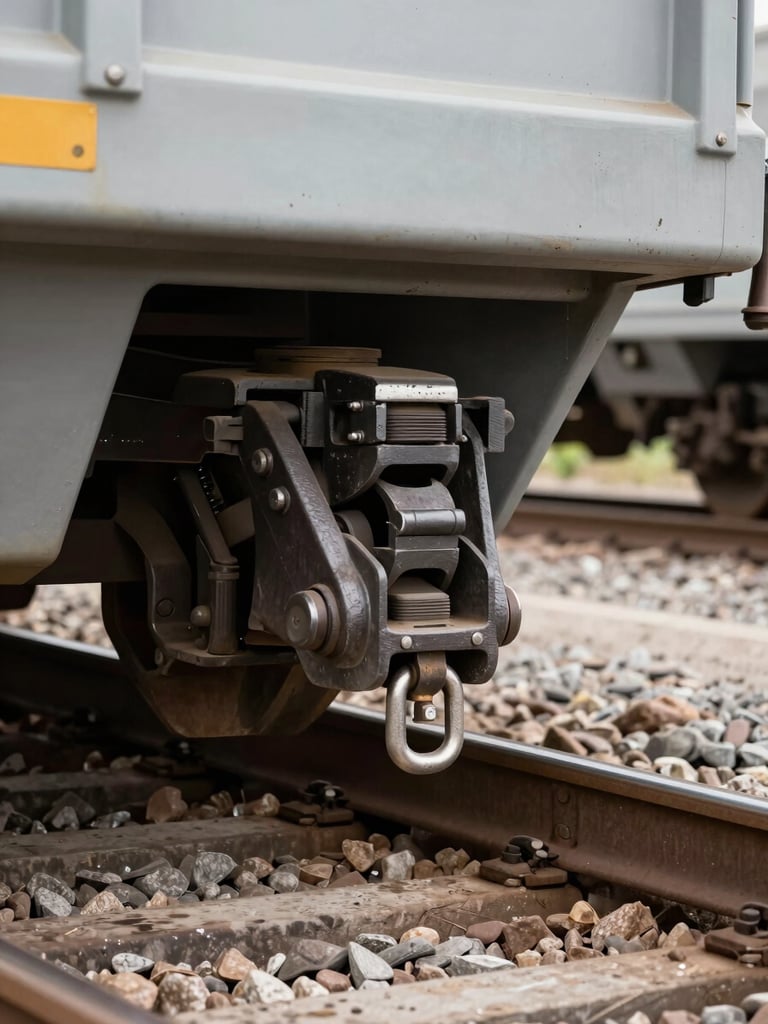 Close-up ground-level shot of freight car coupling hardware on a rail track, heavy forged steel knuckle coupler in sharp focus, ballast and rail ties extending into background, natural daylight, strong industrial geometry