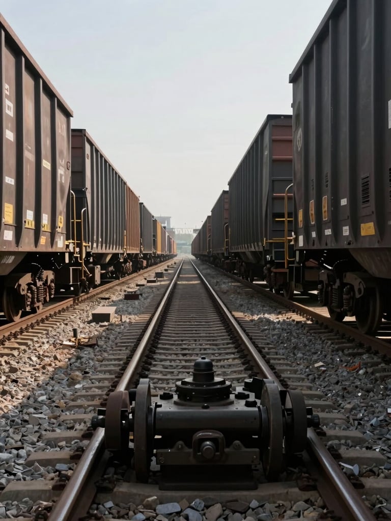 Wide ground-level shot of a busy rail yard at daylight, rows of loaded freight cars receding into the distance left of frame, coupling hardware in sharp foreground focus, industrial geometry and scale dominant