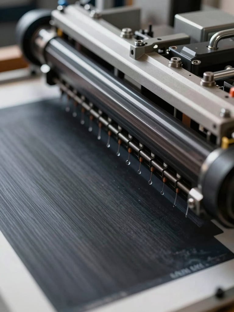 Extreme close-up of a wide-format inkjet print head in motion over a stretched canvas substrate under bright studio strobes, individual ink droplets visible mid-flight against a dark background, sharp mechanical detail, no people, overhead angle