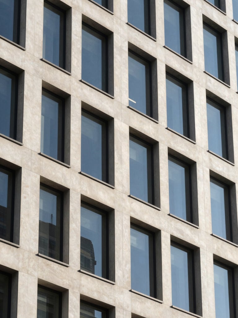 Architectural detail of a modern, clean corporate headquarters facade under bright natural daylight