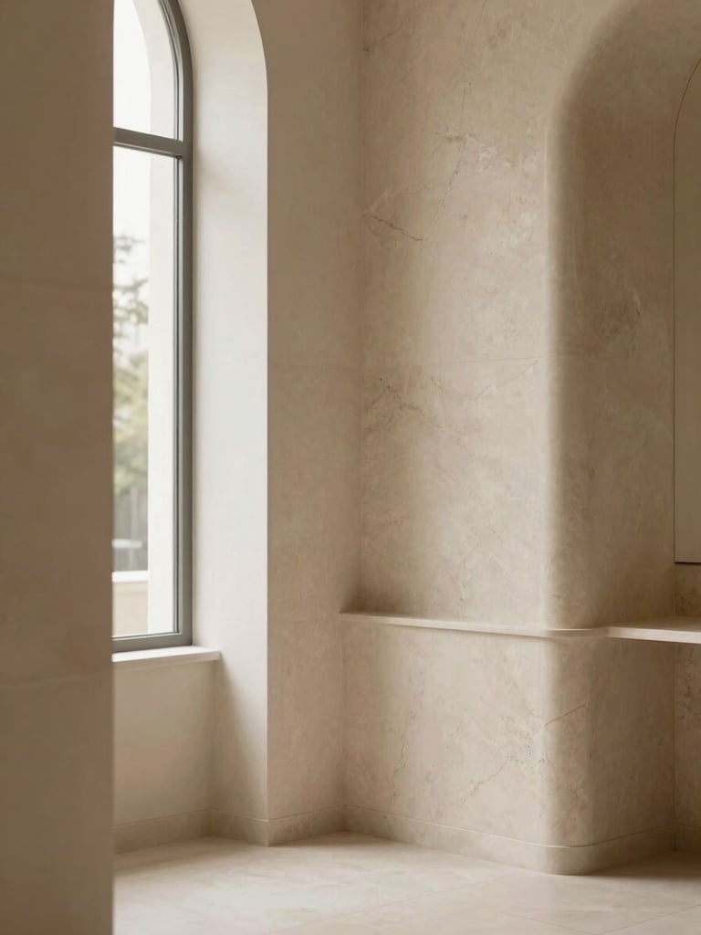 Elegant architectural detail of a serene clinic interior, featuring soft travertine textures and muted champagne tones, diffused natural light, landscape aspect ratio.